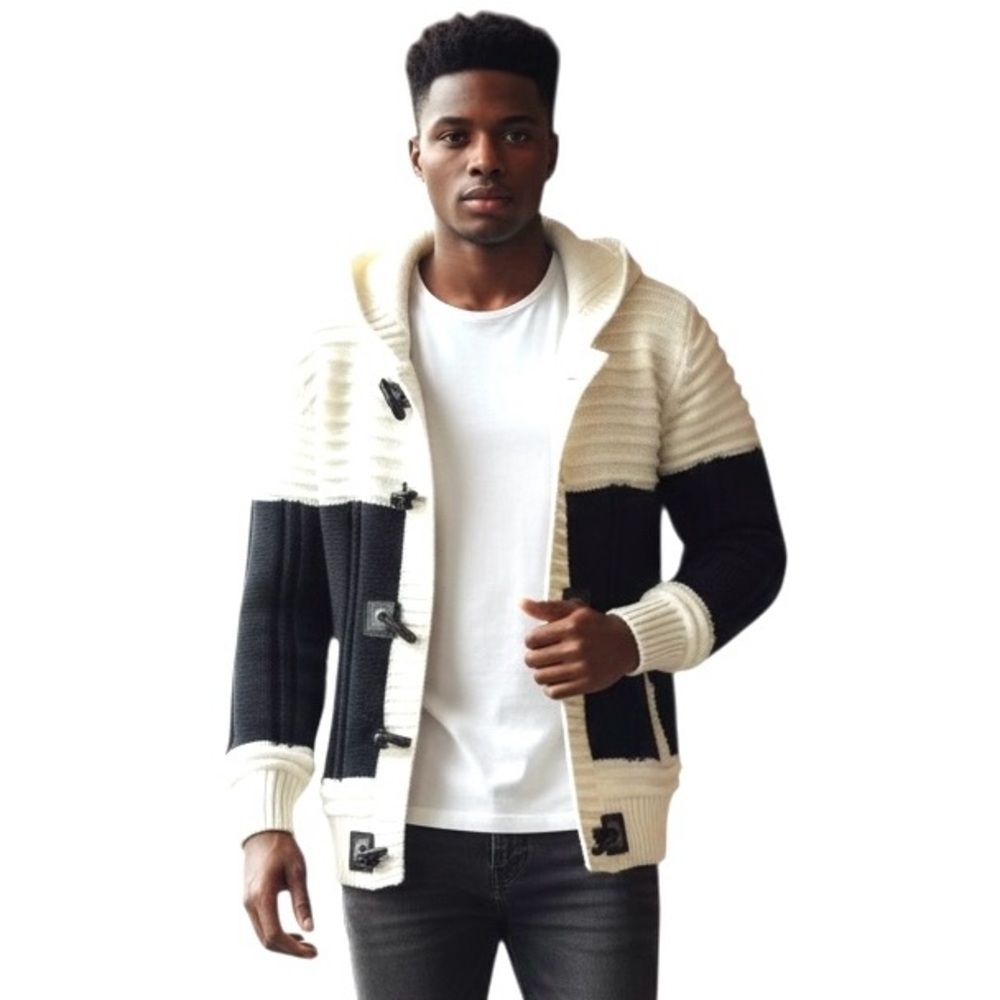 Black Pharaoh men’s heavy knit white black zip wool toggle hoodie sweater Sz M